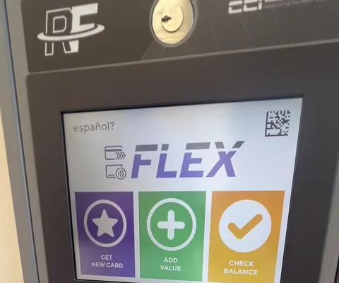 The FasCard kiosk just inside the entrance, with buttons to get a new card, add value or check a balance