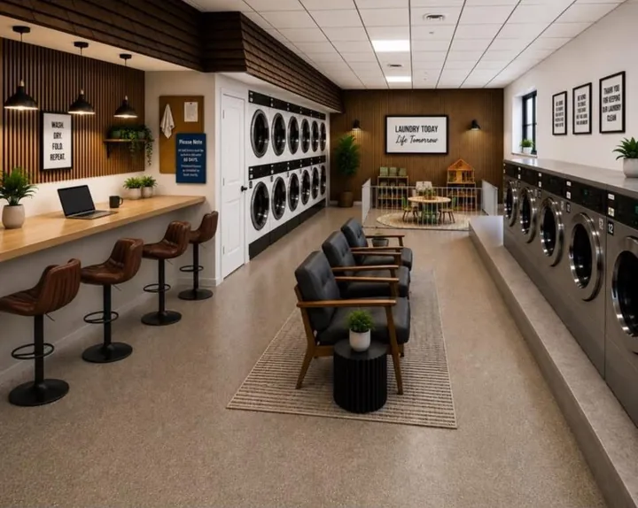 Inside Jax's Suds Club: a wood-panelled work counter with stools, lounge chairs on a rug, stacked dryers, a kids' corner and a row of front-load washers